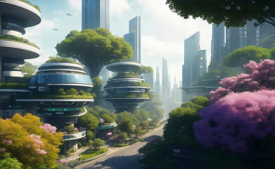 Ecology friendly futuristic green city, Generative AI Illustration.