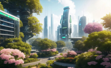 Ecology friendly futuristic green city, Generative AI Illustration.