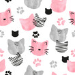 Cute cat faces pattern. Seamless watercolor vector illustration. Baby print