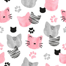 Cute Cat Faces Pattern. Seamless Watercolor Vector Illustration. Baby Print
