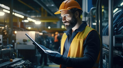 Wall Mural - Modern Engineer is checking machine use tablets in the factory for routine maintenance