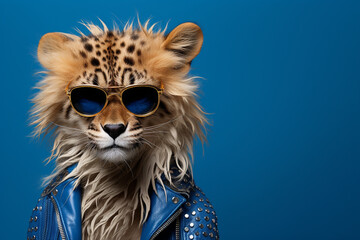 punk cheetah wearing sunglasses on ultramarine background