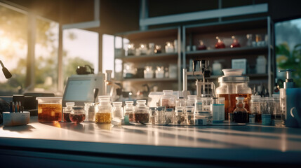 Wall Mural - microscope and lab glassware in medical lab
