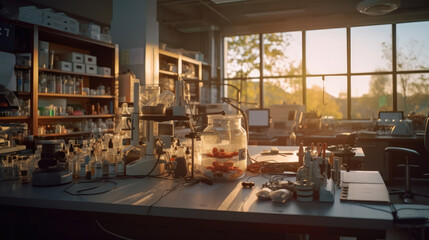 Wall Mural - microscope and lab glassware in medical lab