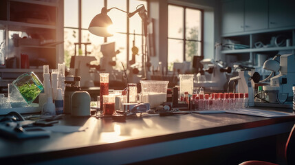 Wall Mural - microscope and lab glassware in medical lab
