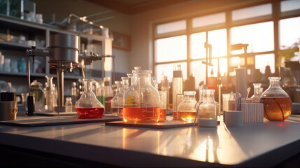 Wall Mural - microscope and lab glassware in medical lab