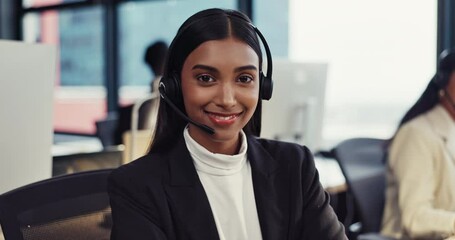 Poster - Happy woman, call center and headphones for customer service, support or telemarketing at the office. Portrait of female person or consultant agent smile in confidence for online advice or contact us