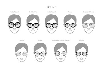 Wall Mural - Set of Round frame glasses on women face character fashion accessory illustration. Sunglass front view silhouette style, flat rim spectacles eyeglasses with lens sketch style outline isolated on white