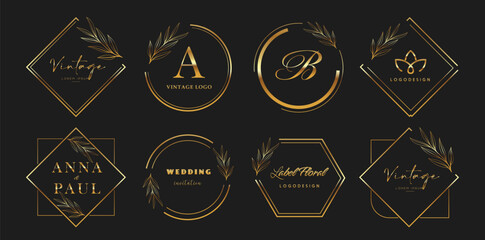 Wall Mural - Set of logo emblems with floral elements. Golden Badges for brand label. Wedding gold invitation card frames. Vector illustration ESP10
