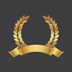 Wall Mural - Vector gold laurel with ribbon. Golden laurel wreath frame with ribbon. First place medal. Award icon, winner emblem. Vector illustration EPS10