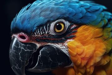 Portrait of a beautiful Blue and Yellow Macaw in close-up Macro photography on dark background. 