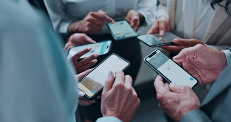 Aufkleber - Phone, hands and business people with online search and professional networking. Office, social media and circle on break with mobile app for team calendar planning and digital screen for company