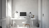 Fototapeta Panele - Coastal minimal style white home office setup workspace, Scandi interior design, AI generated