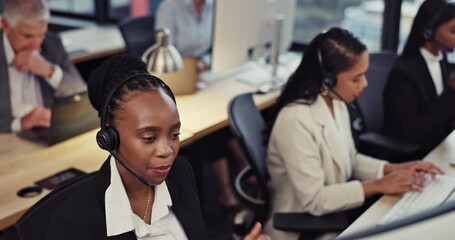 Sticker - Call center, consulting and business with black woman in office for customer service, communication and contact us. Advice, help desk and support with employee for conversation and telemarketing