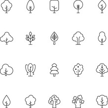 Tree Line Icon Set. Perfect For Web Sites, Books, Stores, Shops. Editable Stroke In Minimalistic Outline Style
