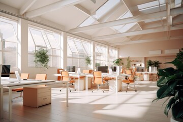 Bright and clean office environment, abstract background. bright office with green plants and large windows