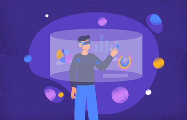 Poster - augmented reality concept. man in ar glasses evaluates graphs and charts. infographics and visualiza