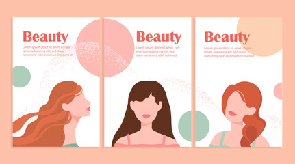 Wall Mural - Beauty portraits on covers set. Aesthetics and elegance, fashion. Skin care and beauty treatments, glamour. Poster or banner. Cartoon flat vector collection isolated on pink background