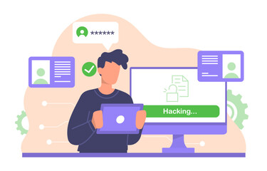 Poster - espionage online concept. man with tablet hacks into computer. hacker penetrates te internet and ste