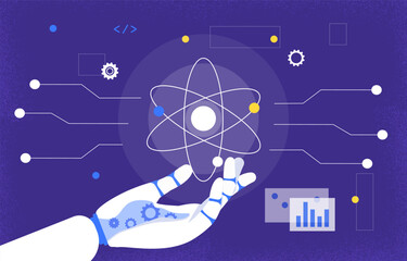 Robotic hand concept. Artificial intelligence and machine learning. Modern technologies and innovations, process automation. Futuristic poster or banner. Cartoon flat vector illustration