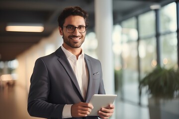 Wall Mural - Smiling handsome young Latin business man entrepreneur using tablet standing in office at work. Happy male professional executive ceo manager holding tab computer. generative AI