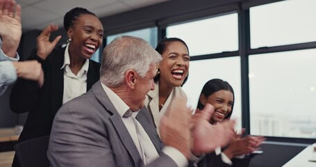 Poster - Excited, applause and business people with success on a computer or corporate achievement. Happy, surprise and employees with support or wow for a professional goal, collaboration or email