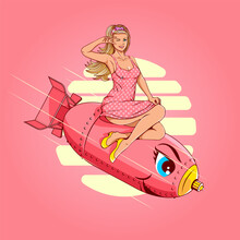 Cute Pretty Doll In Pink Dress Rides Atomic Bomb