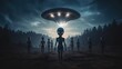 mysterious aliens creatures standing in front of unidentified flying object (ufo) on the planet earth. wallpaper background 16:9 aspect ratio. Generative AI