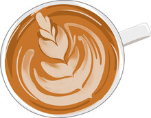 Coffee Latte Leaf Art Pattern Cappuccino In Ceramic Cup Clipart Illustration