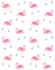 Wall Mural - Vector seamless pattern of flat hand drawn flamingo riding roller skates isolated on white background