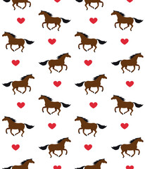 Wall Mural - Vector seamless pattern of flat hand drawn horses and hearts isolated on white background