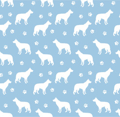 Wall Mural - Vector seamless pattern of dog silhouette isolated on blue background