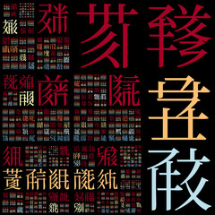 Poster - Abstract Matrix background. Design using random characters of old Tangut alphabet. Gradiented matrix pattern. Red, yellow, and blue color theme backgrounds. Amazing vector illustration.