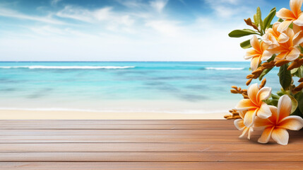 Wooden floor with view blue ocean. Vacation concept. Tropical flowers, background with copy space. Organic natural stage for product presentation. Generative AI