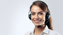 Young Women Telemarketer Or Call Center Agent With Headset Working On Support Hotline. White Background.
