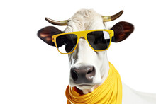 Mafia Cow Or Bullock Farm Wearing Cowboy Hat And Sunglasses Portrait Looking At Camera Isolated On Clear Png Background, Funny Moment, Farmland Animals Concept, With Generative Ai.