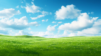 banner with green grass field with blue sky background. generative ai