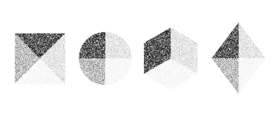 Poster - Set of stippled geometric shapes with faces. Black dotted square, circle, rhombus and hexagon collection. Textured noise grain dot work elements. Half tones and shadows gritty effect bundle. Vector