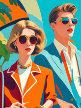 Couple In Sunglasses Vintage Color Summer Posterize Pattern Backgrounds, Generative Ai