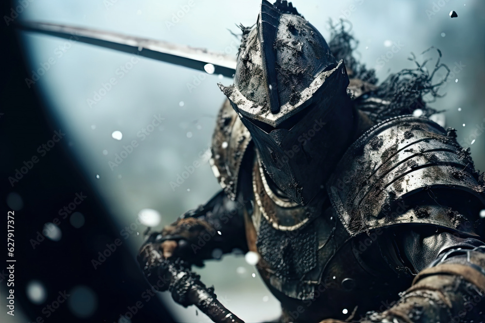 Battle scene of medieval warrior with steel armor and helmet costume in ...