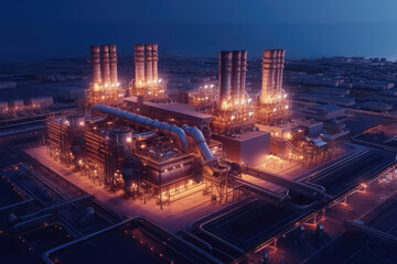 Wall Mural - Aerial top view industry petroleum station with beautiful sky background, gas and oil refinery tank for process, Manufacturing of industrial with Generative AI.