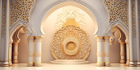 Wall Mural - mosque element in ornate arabic, Islamic architecture style interior. White, golden colors, stars Ramadan Kareem. Muslim community festival. Generative AI