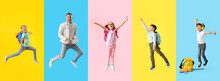 Collage Of Jumping Pupils On Color Background
