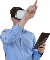 Poster - Digital png photo of caucasian man using vr headset on transparent background
