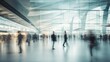 Blurred people walking in a modern hall background banner