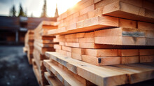 The Industrial Timber Stacked On The Site Is Essential For Roofing Construction And Carpentry Work.
