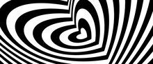Abstract Hypnotic Tunnel Heart Background. Black And White Optical Illusion Pattern. Heart-shaped Op Art Design For Poster, Banner, Template. Vector Horizontal Illustration Wallpaper