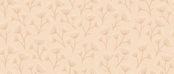 Seamless floral beige pattern. Simple botanical ditsy repeating background. Natural vintage rural wallpaper. Nude colored print for textile and fabric. Vector illustration.