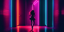 Silhouette Of A Dancing Girl In The Corridor. Synthwave Image, Neon Lighting