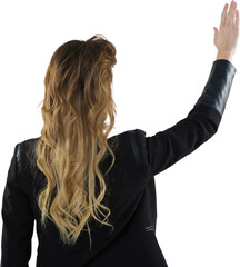 Sticker - Digital png photo of back view of caucasian businesswoman raising hand on transparent background